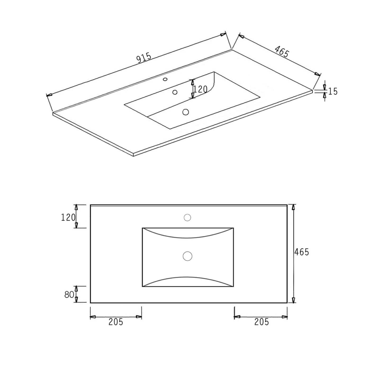 Top Technical Drawing Byron Fluted Woodland Oak Wall Hung Vanity with Ceramic Top 900mm Centre Bowl BYW900LCT - The Blue Space