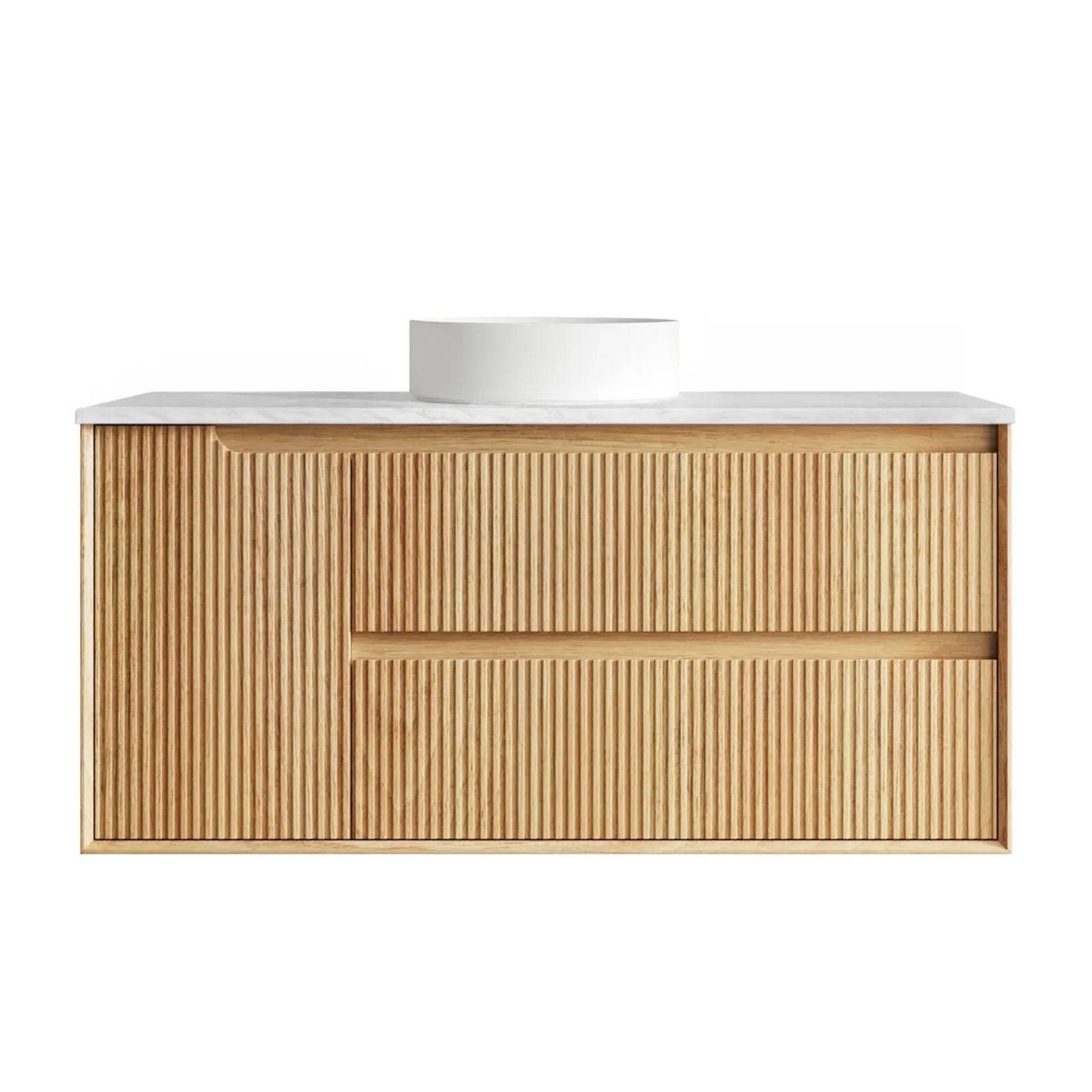 Byron Fluted Woodland Oak Wall Hung Vanity with Cloudy Carrara Top 1200mm Centre Bowl Door and Drawers BYW1200LSTUD-CA - The Blue Space
