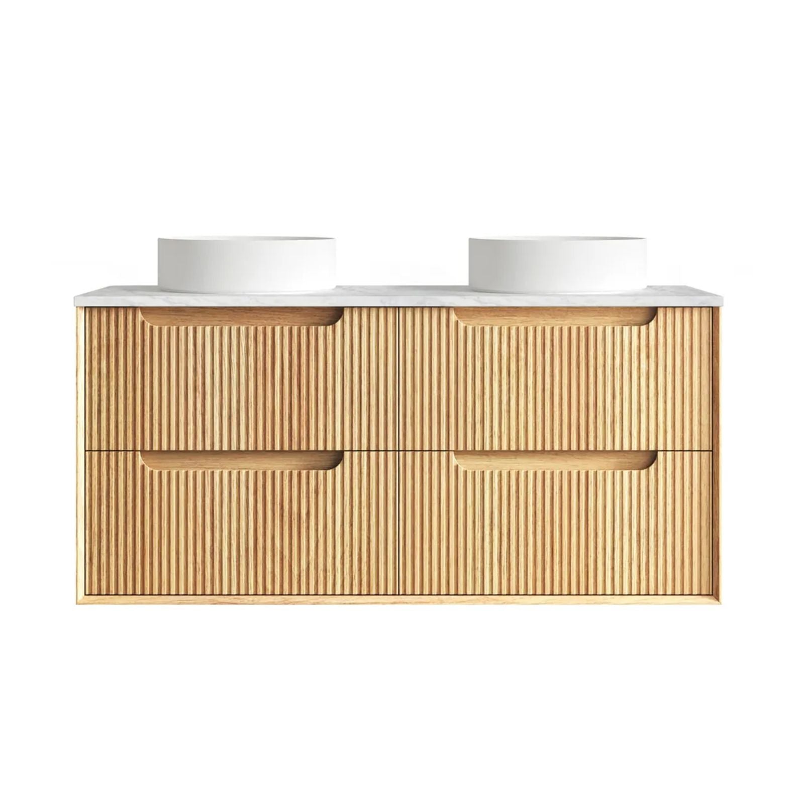 Byron Fluted Woodland Oak Wall Hung Vanity with Cloudy Carrara Top 1200mm Double Bowl All Drawers BYW1200L-DSTUD-CA - The Blue Space