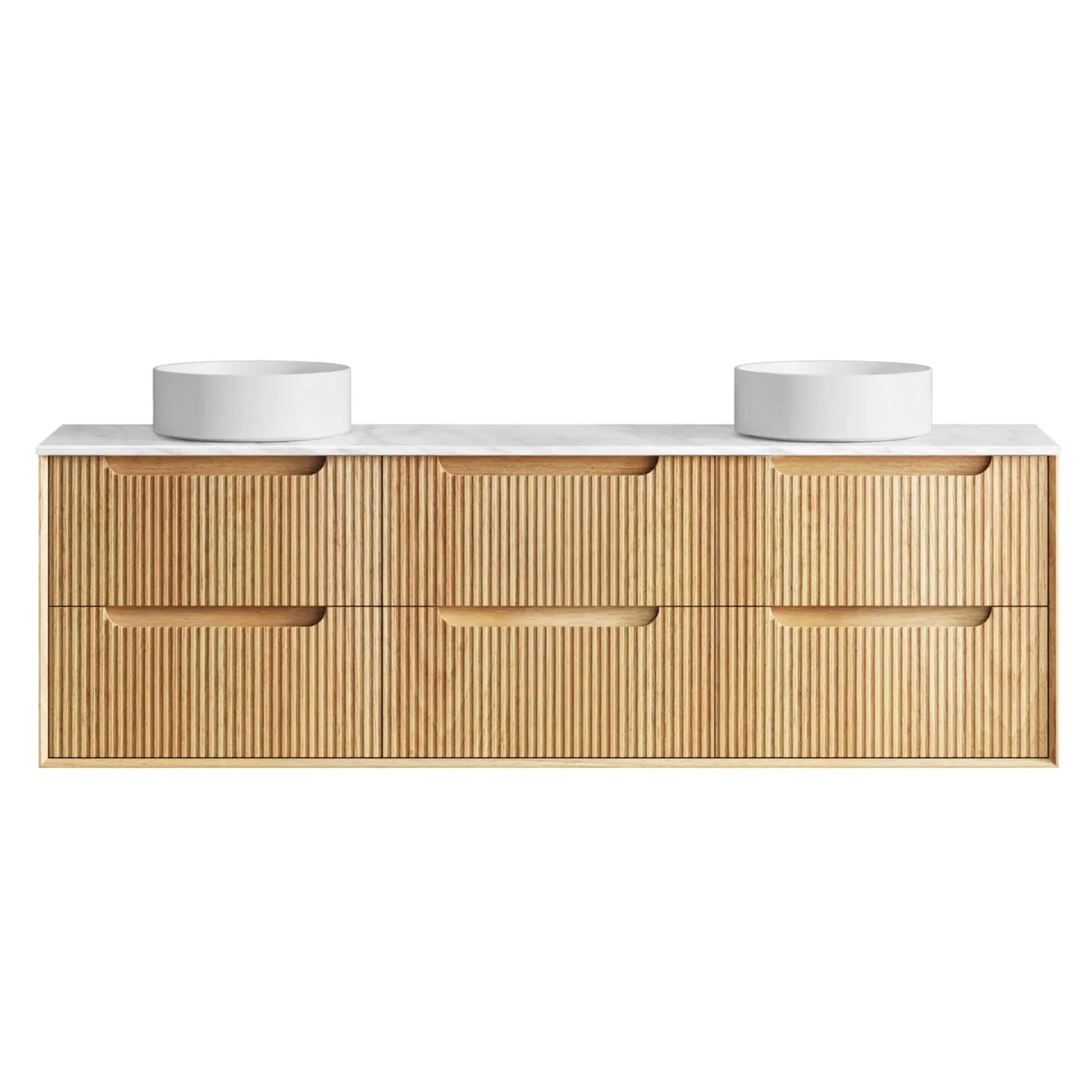 Byron Fluted Woodland Oak Wall Hung Vanity with Cloudy Carrara Top 1800mm Double Bowl BYW1800LSTUD-CA - The Blue Space