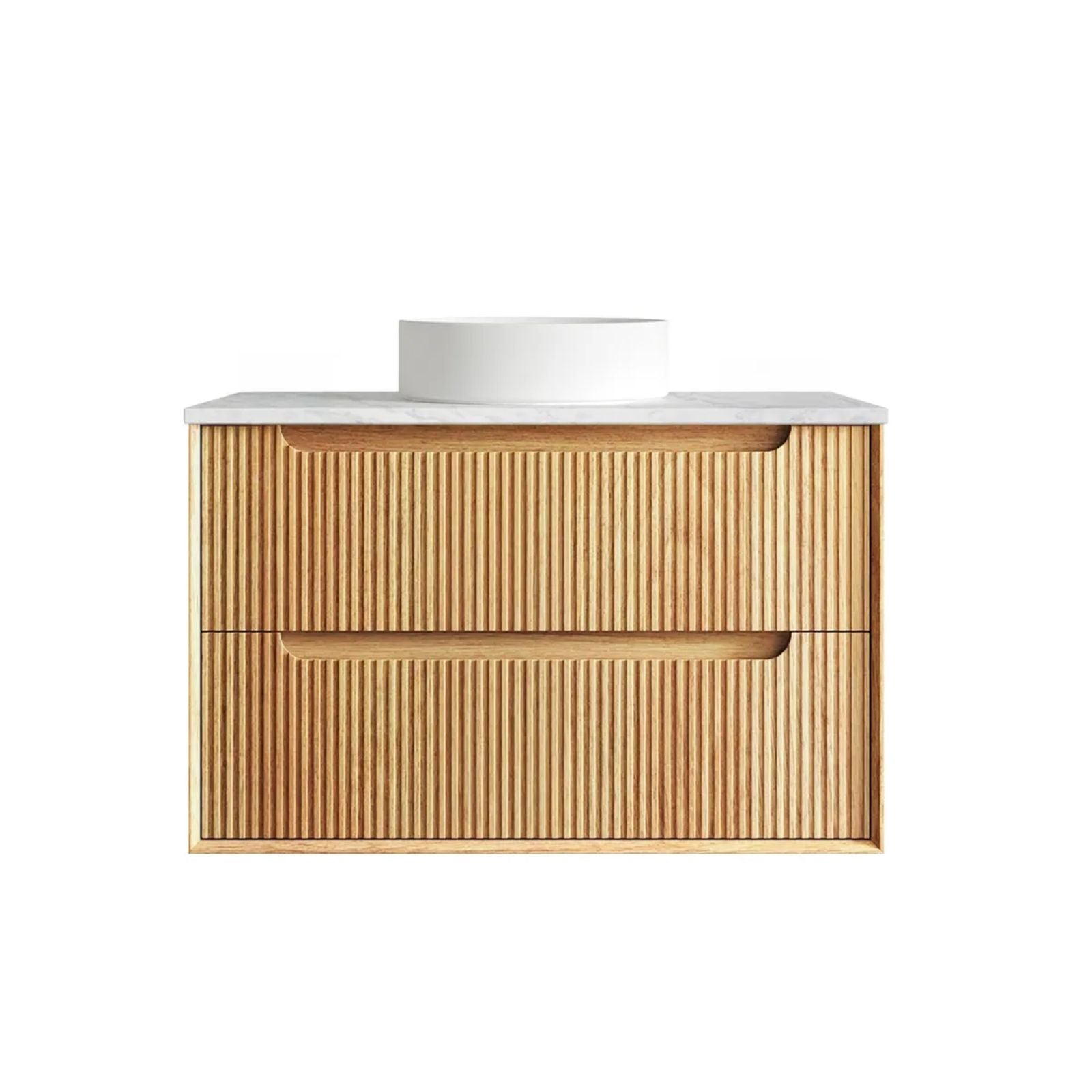 Byron Fluted Woodland Oak Wall Hung Vanity with Cloudy Carrara Top 900mm Centre Bowl BYW900LSTUD-CA - The Blue Space