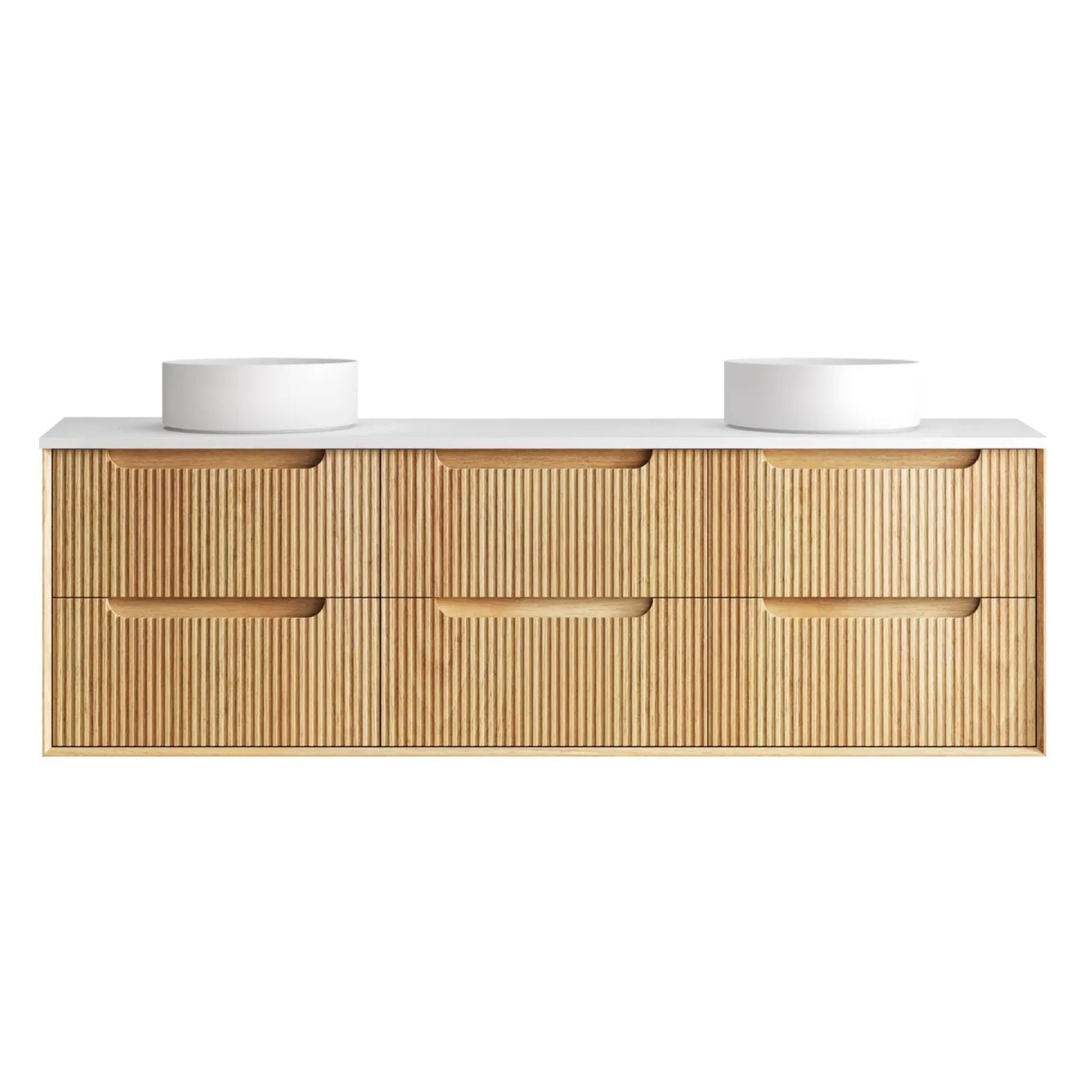 Byron Fluted Woodland Oak Wall Hung Vanity with Matte White Top 1800mm Double Bowl BYW1800LSTUD-MW - The Blue Space