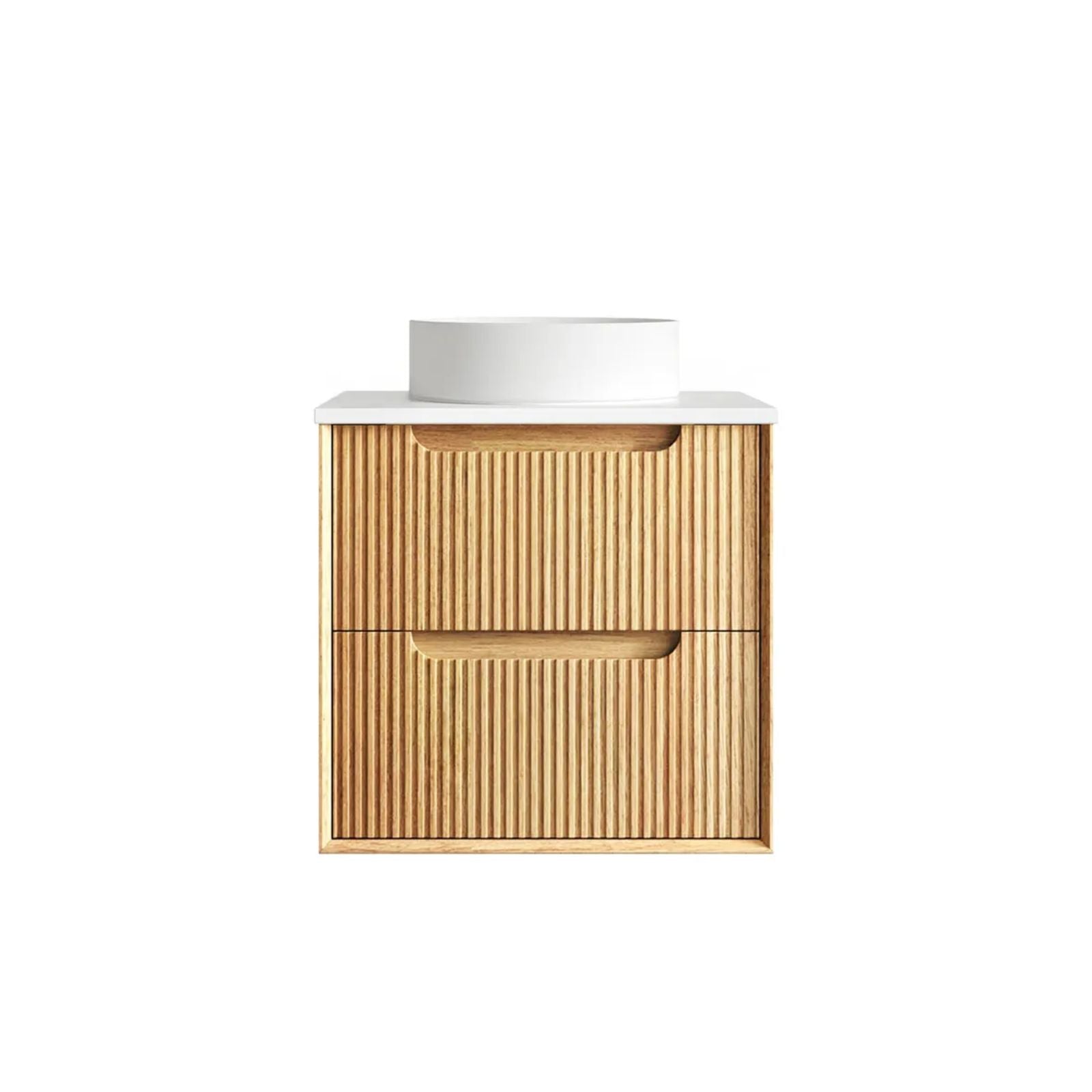 Byron Fluted Woodland Oak Wall Hung Vanity with Matte White Top 600mm Centre Bowl BYW600LSTUD-MW - The Blue Space