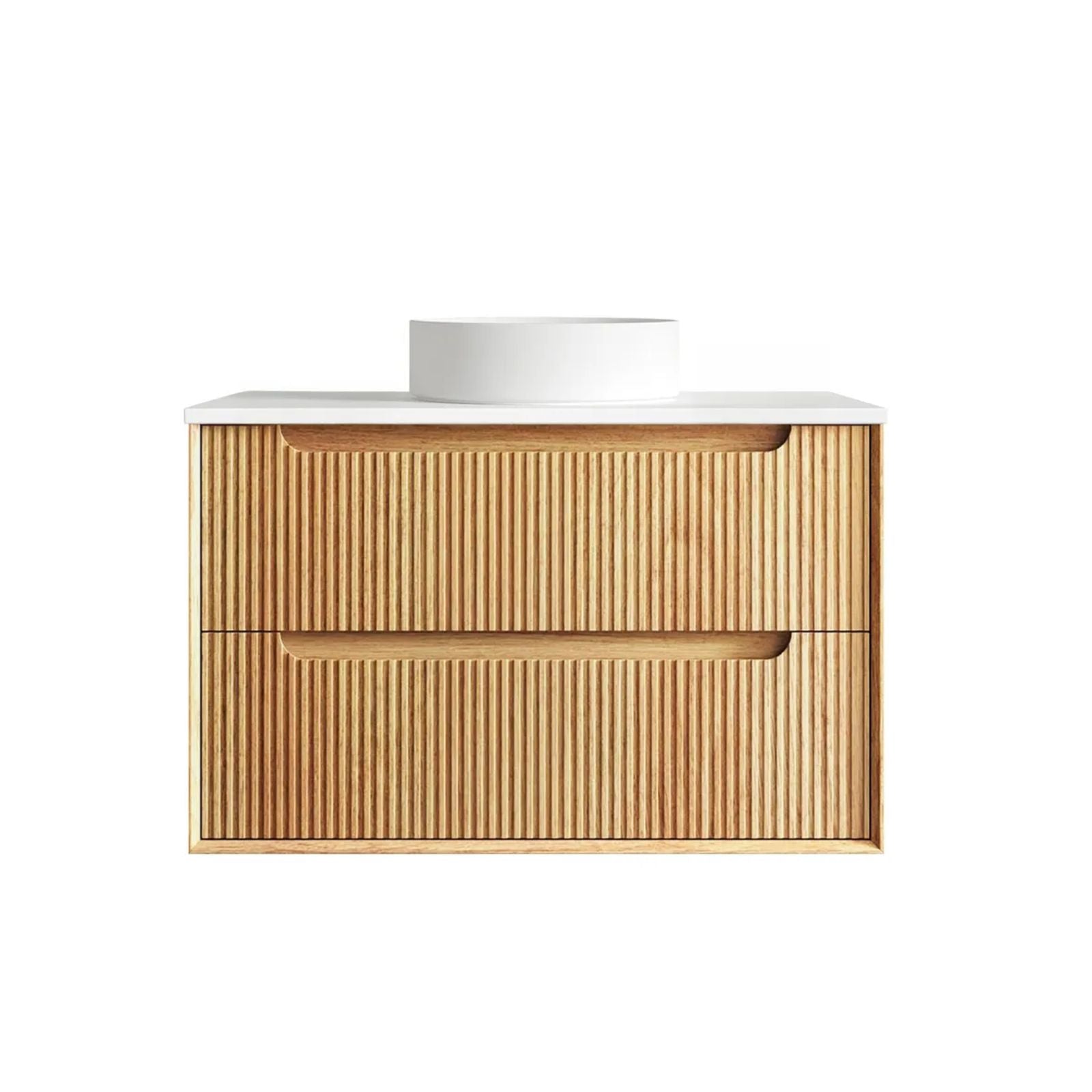 Byron Fluted Woodland Oak Wall Hung Vanity with Matte White Top 900mm Centre Bowl BYW900LSTUD-MW - The Blue Space