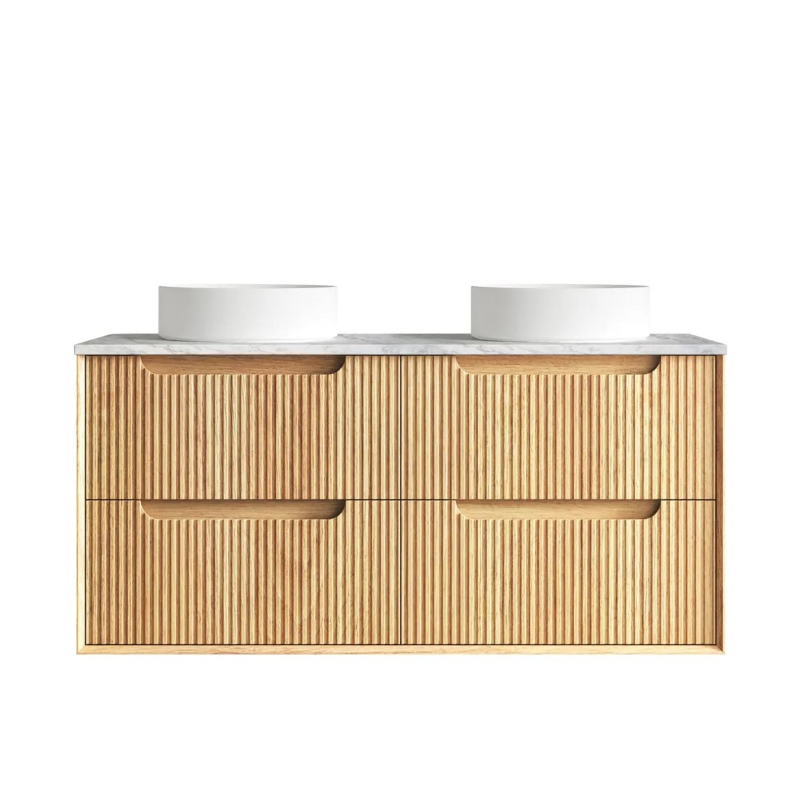 Byron Fluted Woodland Oak Wall Hung Vanity with Natural Carrara Marble Top 1200mm Double Bowl All Drawers BYW1200L-DSTUD-NCA - The Blue Space