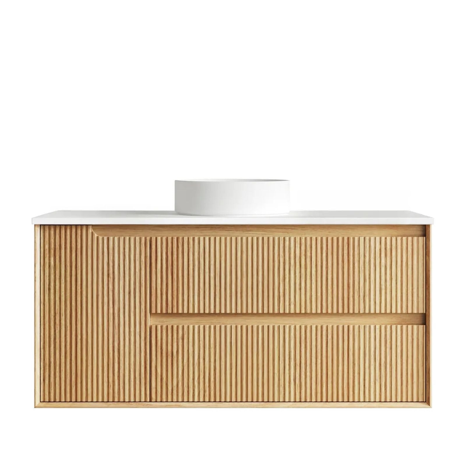 Byron Fluted Woodland Oak Wall Hung Vanity with Pure White Top 1200mm Centre Bowl Door and Drawers BYW1200LSTUD-PW - The Blue Space