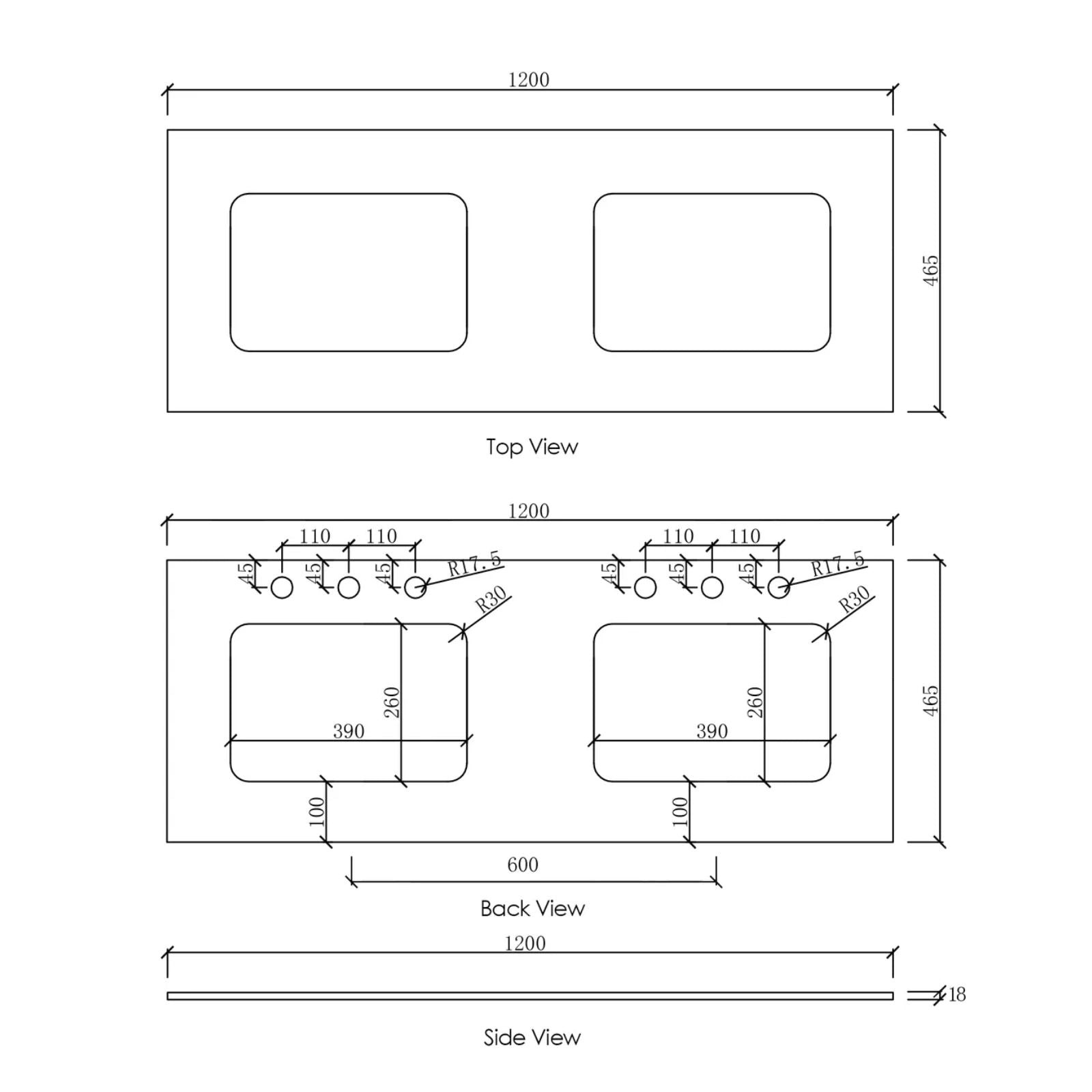 Technical Drawing Top Byron Fluted Woodland Oak Wall Hung Vanity with Undermount Natural Carrara Marble Top & Basin 1200mm Double Bowl All Drawers BYW1200L-DSTUD-NCA-UB - The Blue Space