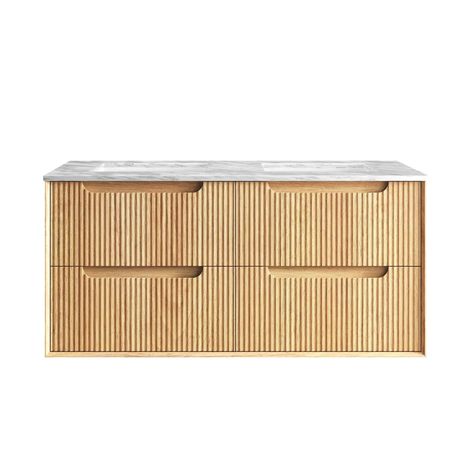 Byron Fluted Woodland Oak Wall Hung Vanity with Undermount Natural Carrara Marble Top & Basin 1200mm Centre Bowl Door and Drawers BYW1200LSTUD-NCA-UB - The Blue Space