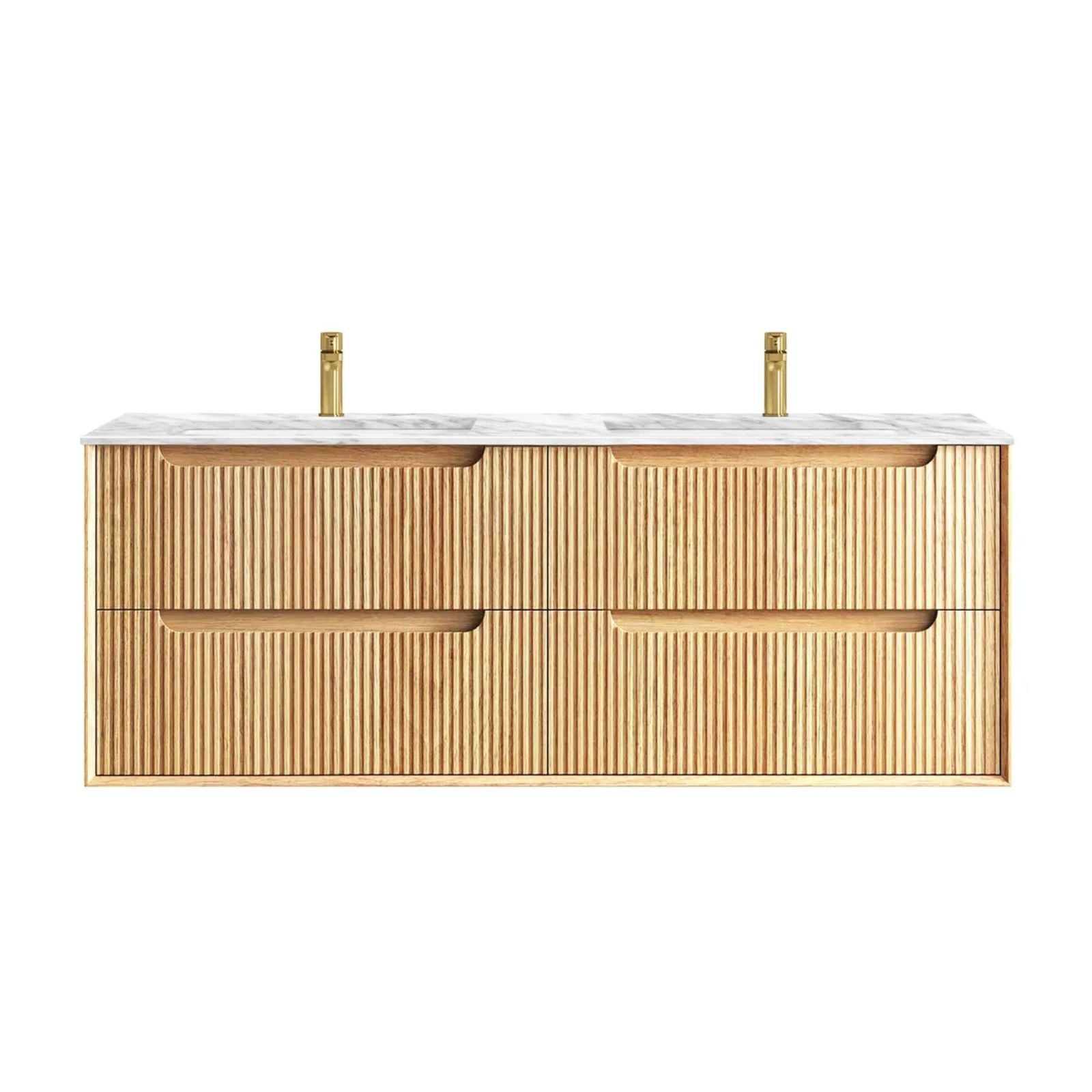 Byron Fluted Woodland Oak Wall Hung Vanity with Undermount Natural Carrara Marble Top & Basin 1500mm Double Bowl BYW1500LSTUD-NCA-UB - The Blue Space