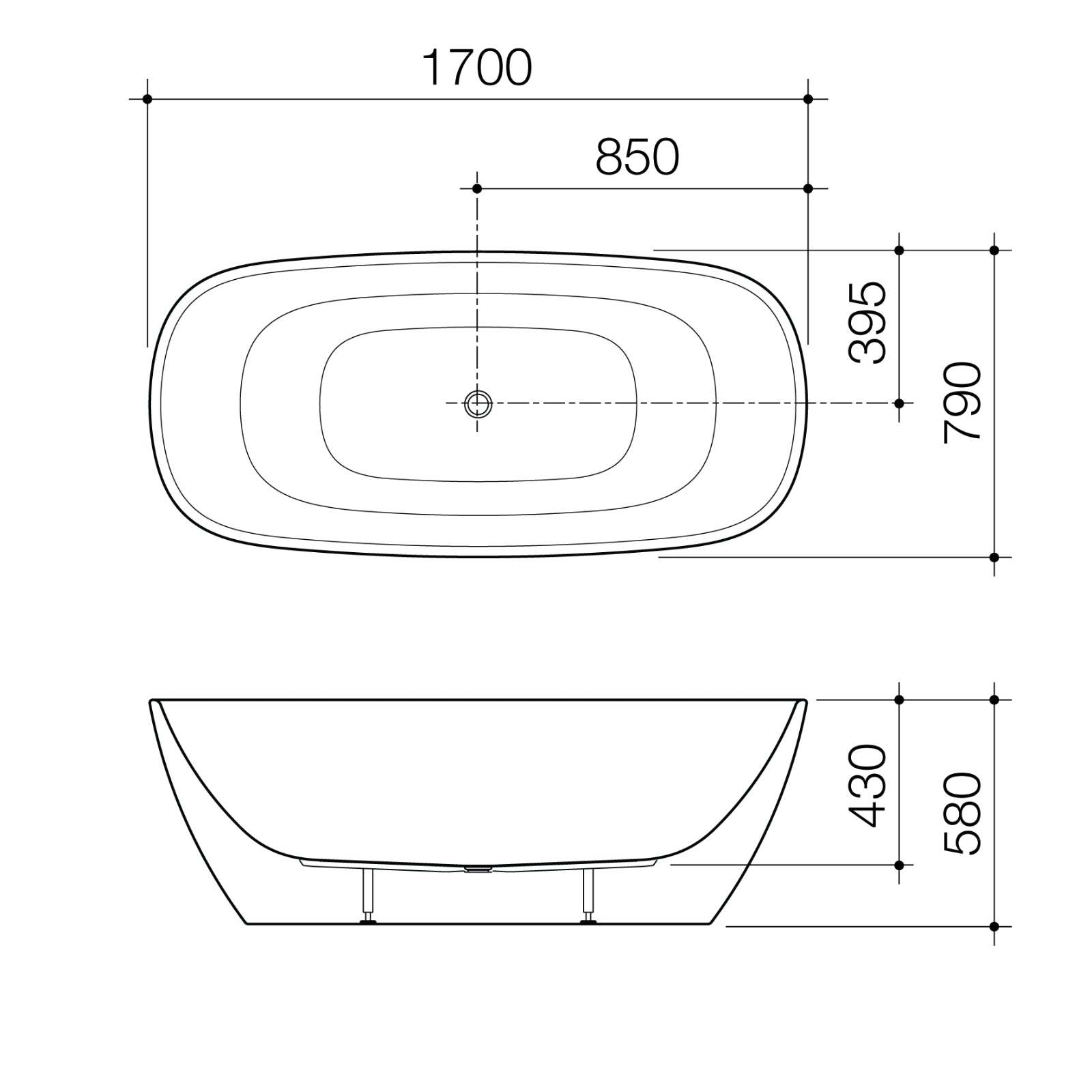Technical Drawing Caroma Contura II 1700mm Freestanding Bath - Matte White CII7FSMW - The Blue Space