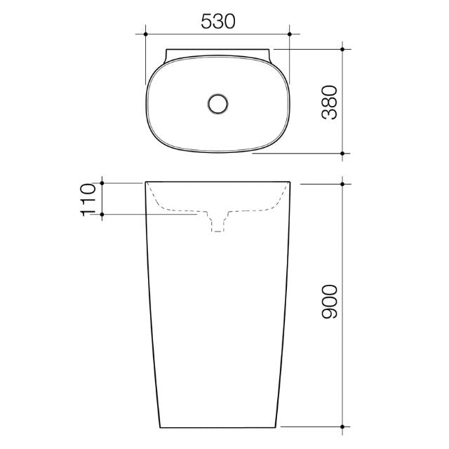 Technical Drawing Caroma Contura II 530mm Freestanding Basin - Matte White 853500MW - The Blue Space