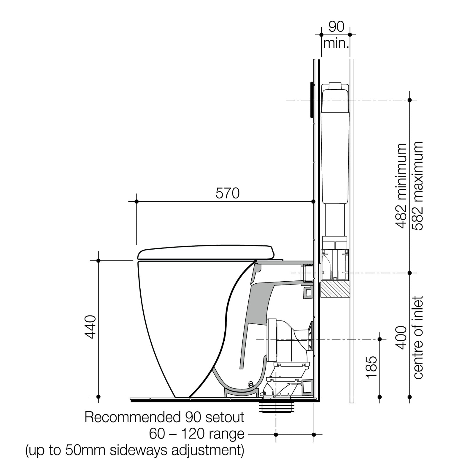Technical Drawing Caroma Contura II Cleanflush Invisi Series II Wall Faced Suite - Matte White 848901MW - The Blue Space