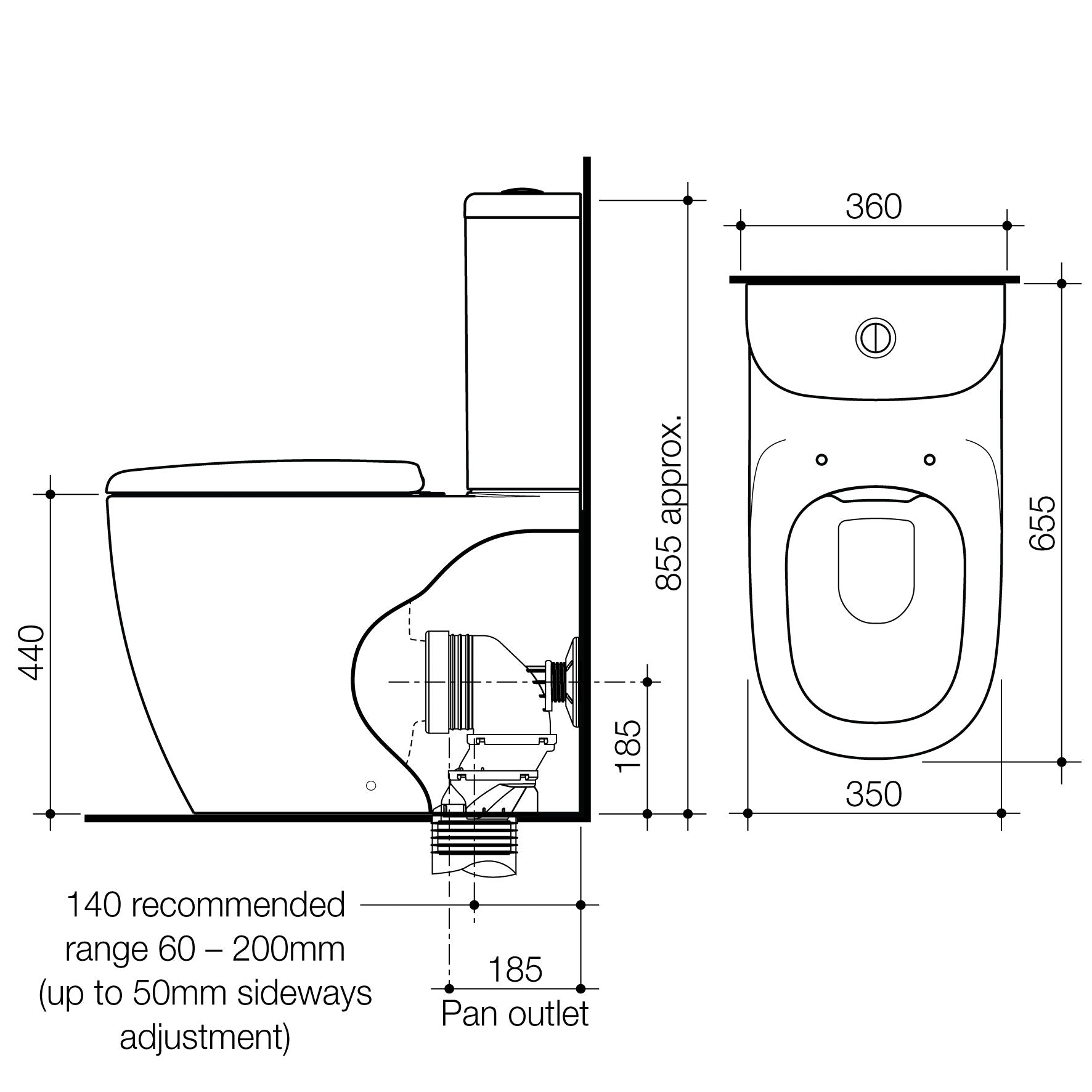 Technical Drawing Caroma Contura II Cleanflush Wall Faced Close Coupled Suite - Matte White 848801MW 848802MW - The Blue Space