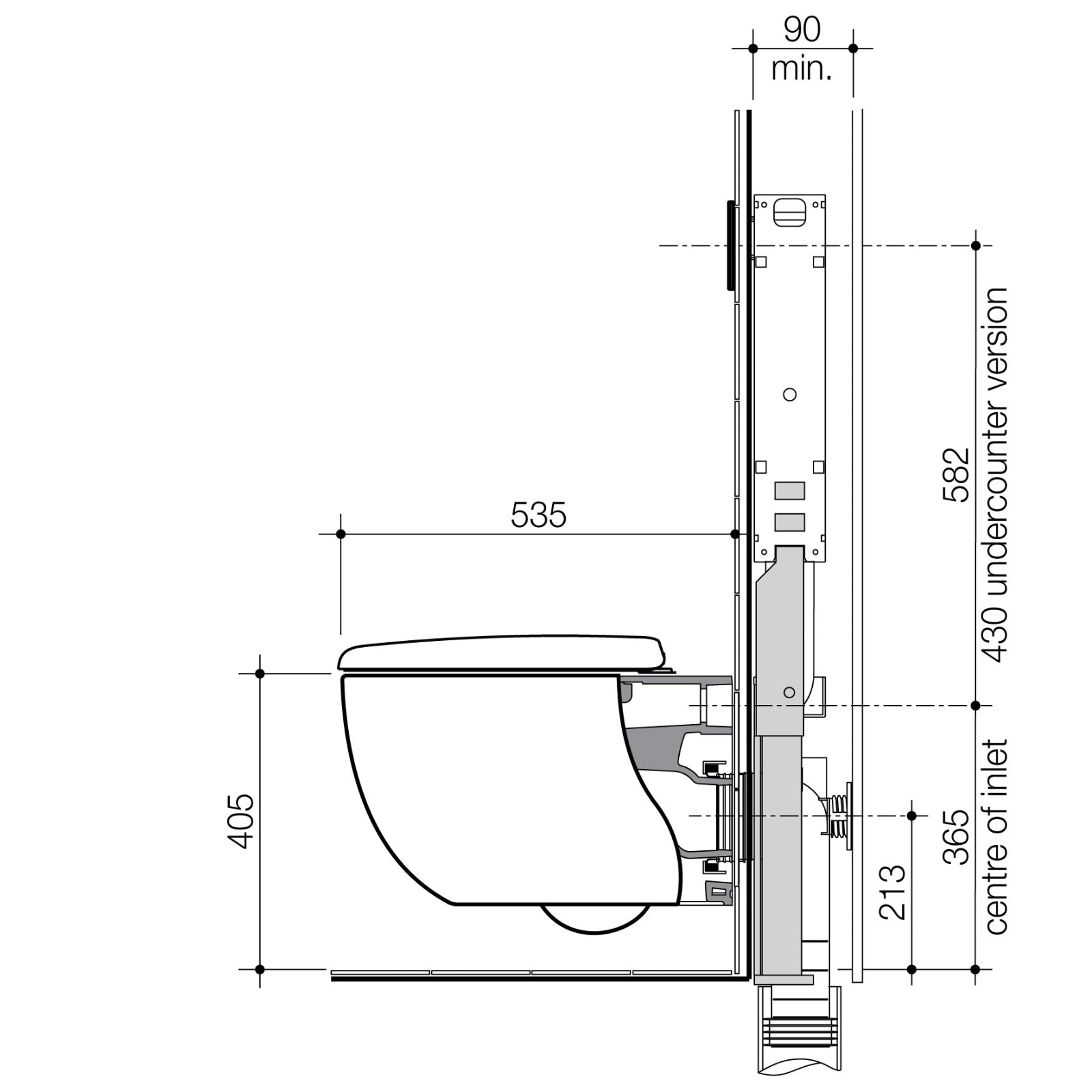 Technical Drawing Caroma Contura II Cleanflush Wall Hung Invisi Series II Suite GermGard - Matte White 849001MW - The Blue Space