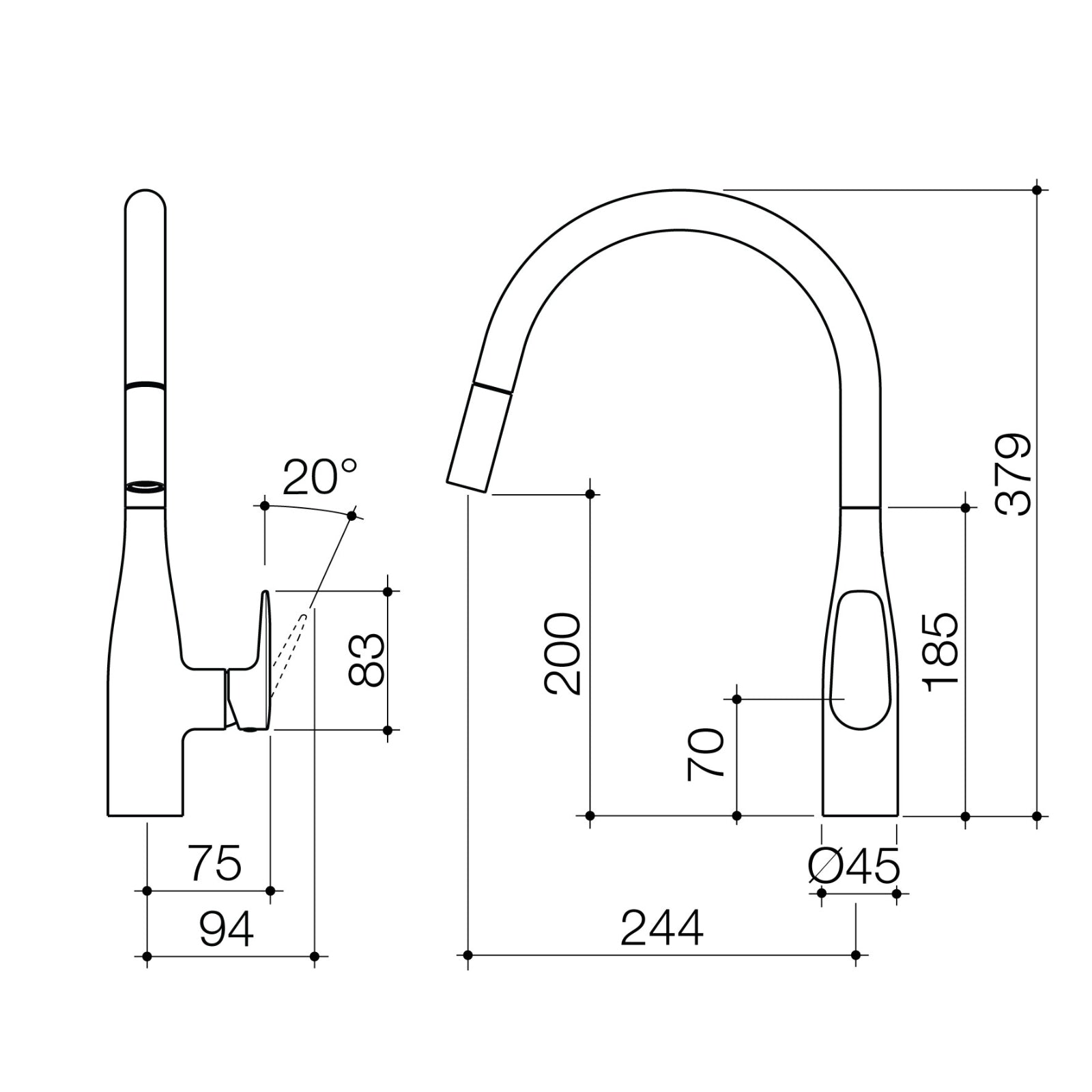 Technical Drawing Caroma Contura II Pull Out Sink Mixer - Brushed Bronze 849062BBZ56AF - The Blue Space
