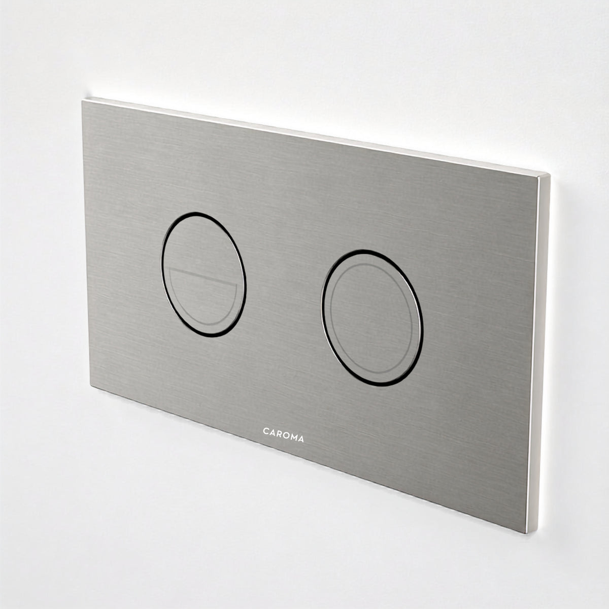 Side View Caroma Invisi Series II Round Dual Flush Metal Plate & Buttons Brushed Nickel 237088BN - The Blue Space