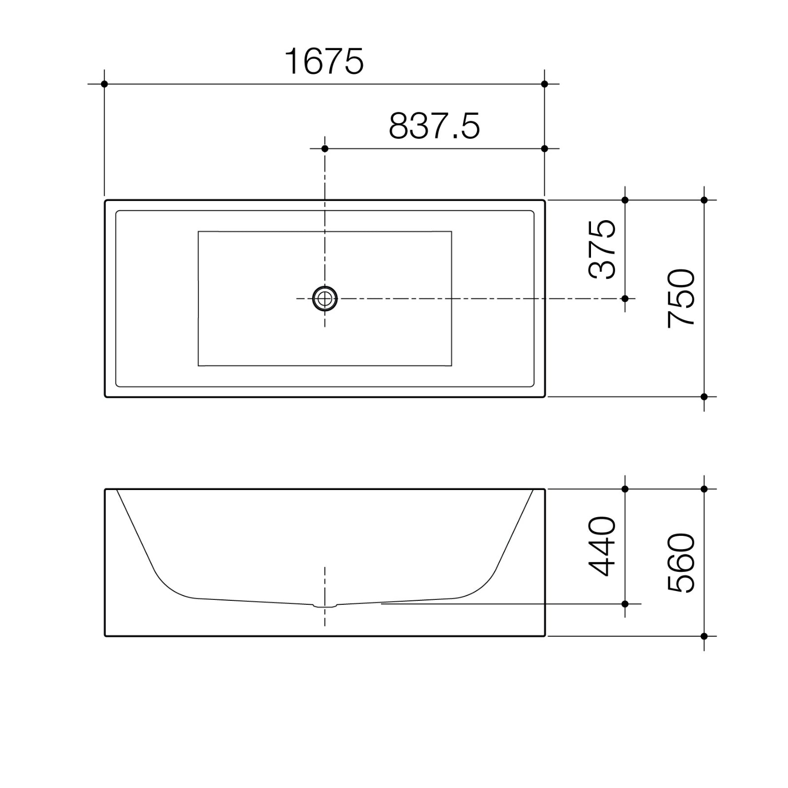Technical Drawing Caroma Liano Freestanding Bath 1675mm LN7WFW - The Blue Space