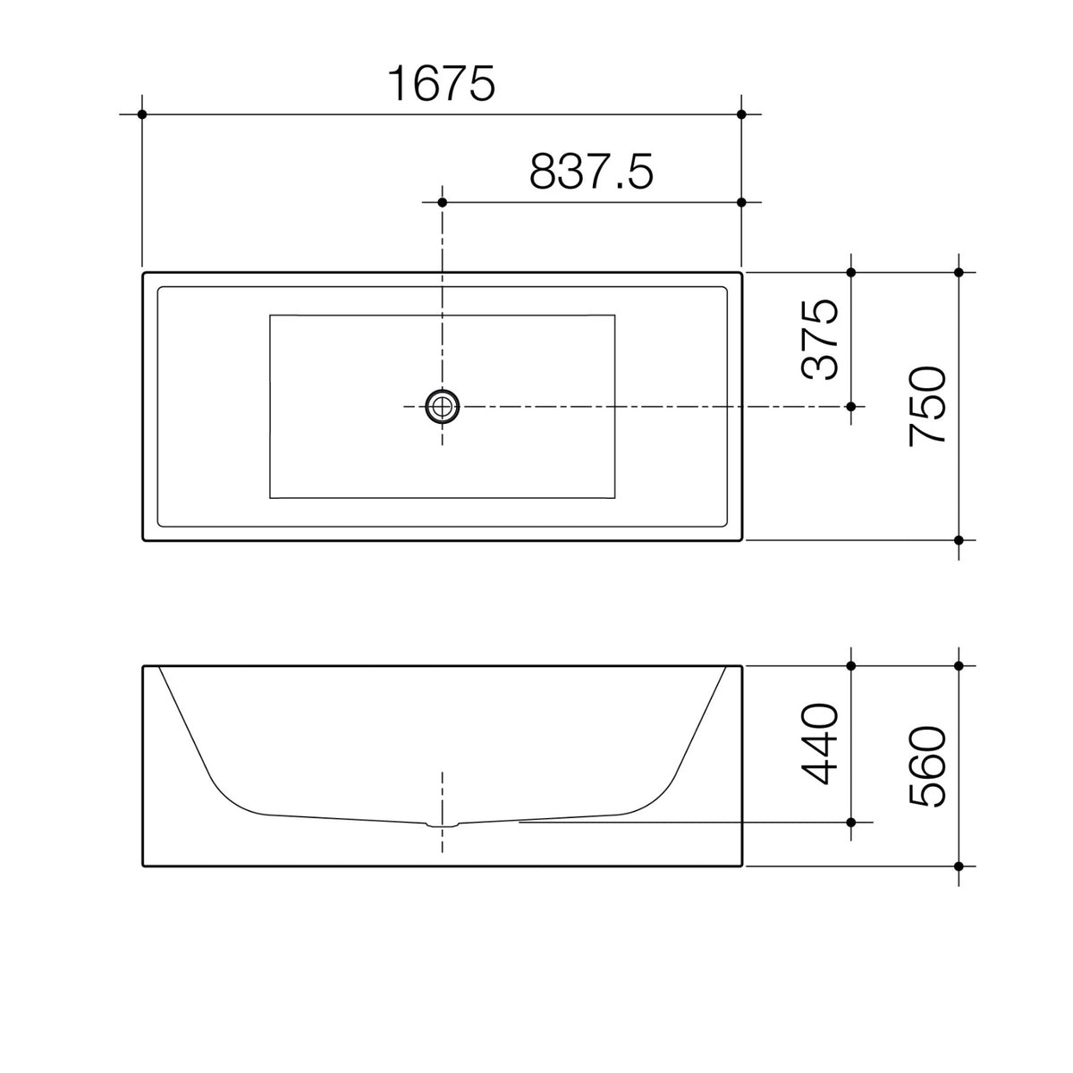 Technical Drawing Caroma Liano Freestanding Bath 1675mm LN7WFW - The Blue Space