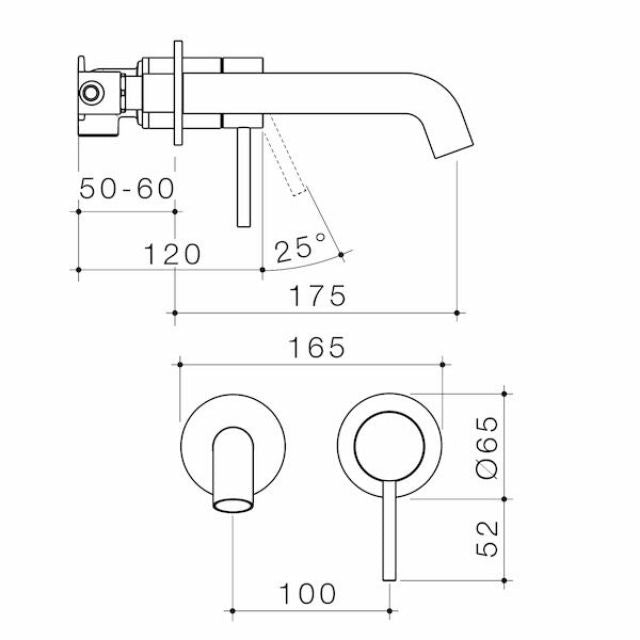 Technical Drawing Caroma Liano II 175mm Wall Basin/Bath Mixer - 2 x Round Cover Plates - Brushed Bronze - Sales Kit 96344BBZ6AF - The Blue Space
