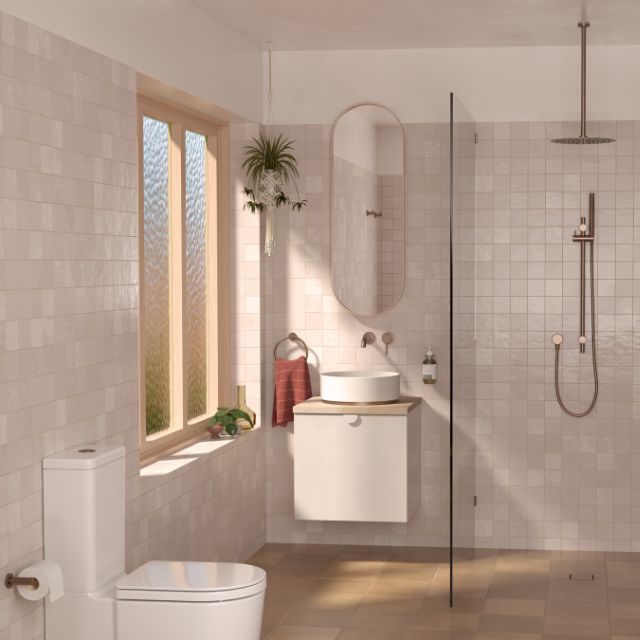 Lifestyle 1 Caroma Liano II 210mm Wall Basin/Bath Mixer - 2 x Round Cover Plates - Brushed Bronze - Sales Kit 96352BBZ6AF - The Blue Space