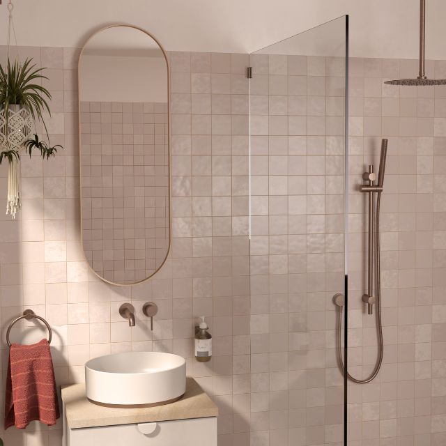 Lifestyle 2 Caroma Liano II 210mm Wall Basin/Bath Mixer - 2 x Round Cover Plates - Brushed Bronze - Sales Kit 96352BBZ6AF - The Blue Space