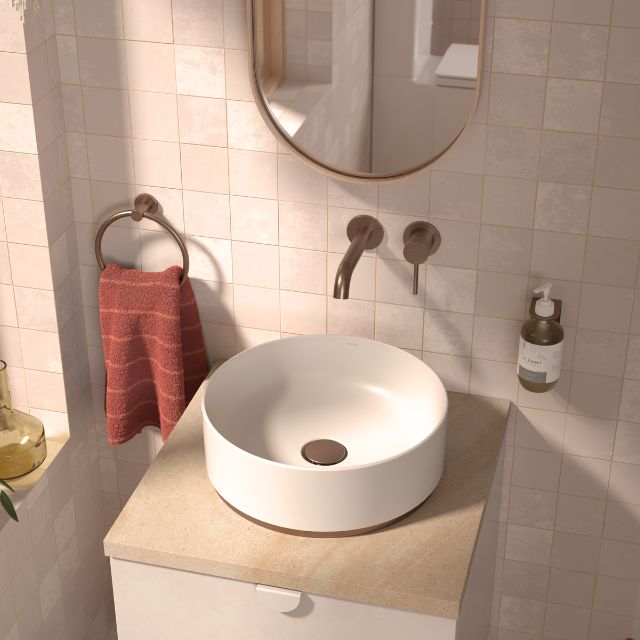 Lifestyle 3 Caroma Liano II 210mm Wall Basin/Bath Mixer - 2 x Round Cover Plates - Brushed Bronze - Sales Kit 96352BBZ6AF - The Blue Space