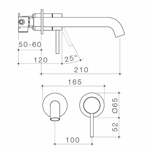 Technical Drawing Caroma Liano II 210mm Wall Basin/Bath Mixer - 2 x Round Cover Plates - Brushed Bronze - Sales Kit 96352BBZ6AF - The Blue Space