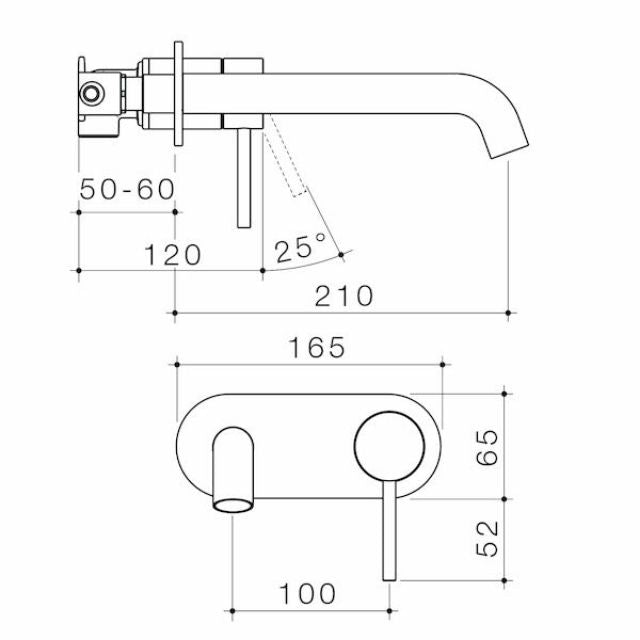 Technical Drawing Caroma Liano II 210mm Wall Basin/Bath Mixer - Rounded Cover Plate - Brushed Bronze - Sales Kit 96353BBZ6AF - The Blue Space