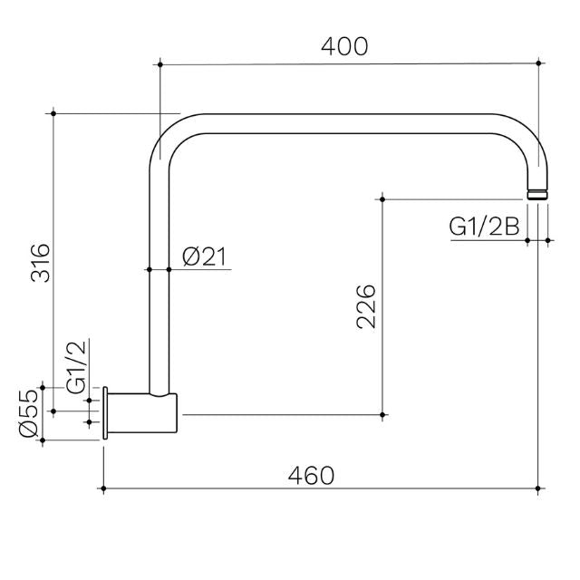 Technical Drawing Caroma Liano II 460mm Upswept Shower Arm - Brushed Bronze 99642BBZ - The Blue Space