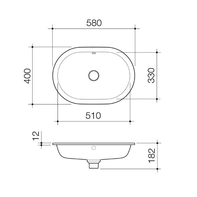 Technical Drawing Caroma Liano II 580mm Pill Under/Over Counter Basin - Matte Black (with Overflow) 852905MB - The Blue Space