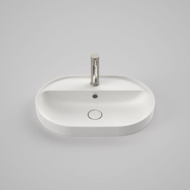 Front Caroma Liano II 600mm Pill Inset Basin with Tap Landing (1 Tap Hole) and Overflow - Matte White 853115MW - The Blue Space