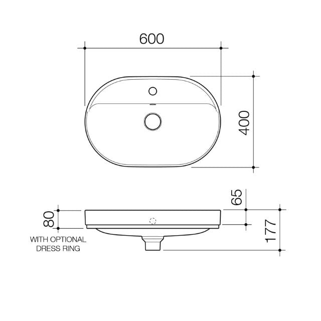 Technical Drawing Caroma Liano II 600mm Pill Inset Basin with Tap Landing (1 Tap Hole) and Overflow - Matte White 853115MW - The Blue Space