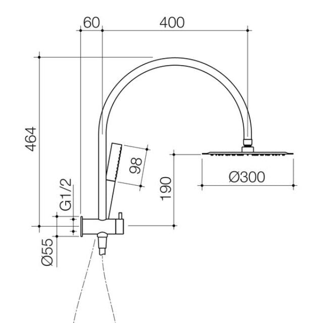Technical Drawing Caroma Liano II Compact Twin Shower with Overhead - Gunmetal 96472GM33A - The Blue Space
