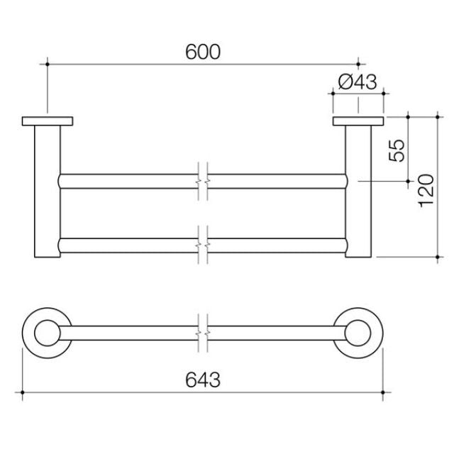 Technical Drawing Caroma Liano II Double Towel Rail 640mm - Gunmetal 96447GM - The Blue Space