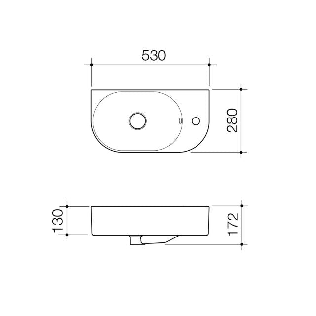Technical Drawing Caroma Liano II Hand Wall Basin (1 Tap Hole) - Matte Black (with Overflow) 853015MB - The Blue Space