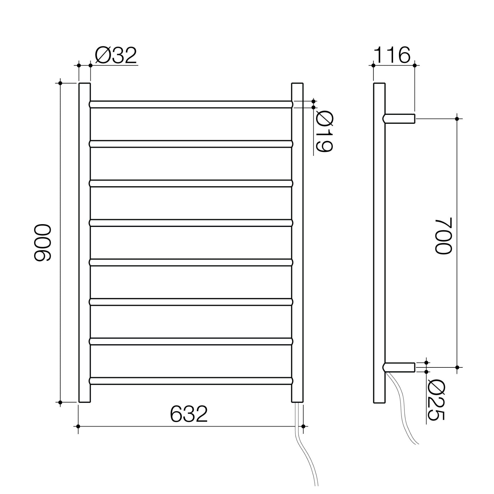 Technical Drawing Caroma Liano II Heated Towel Ladder - Matte Black 11225051B - The Blue Space