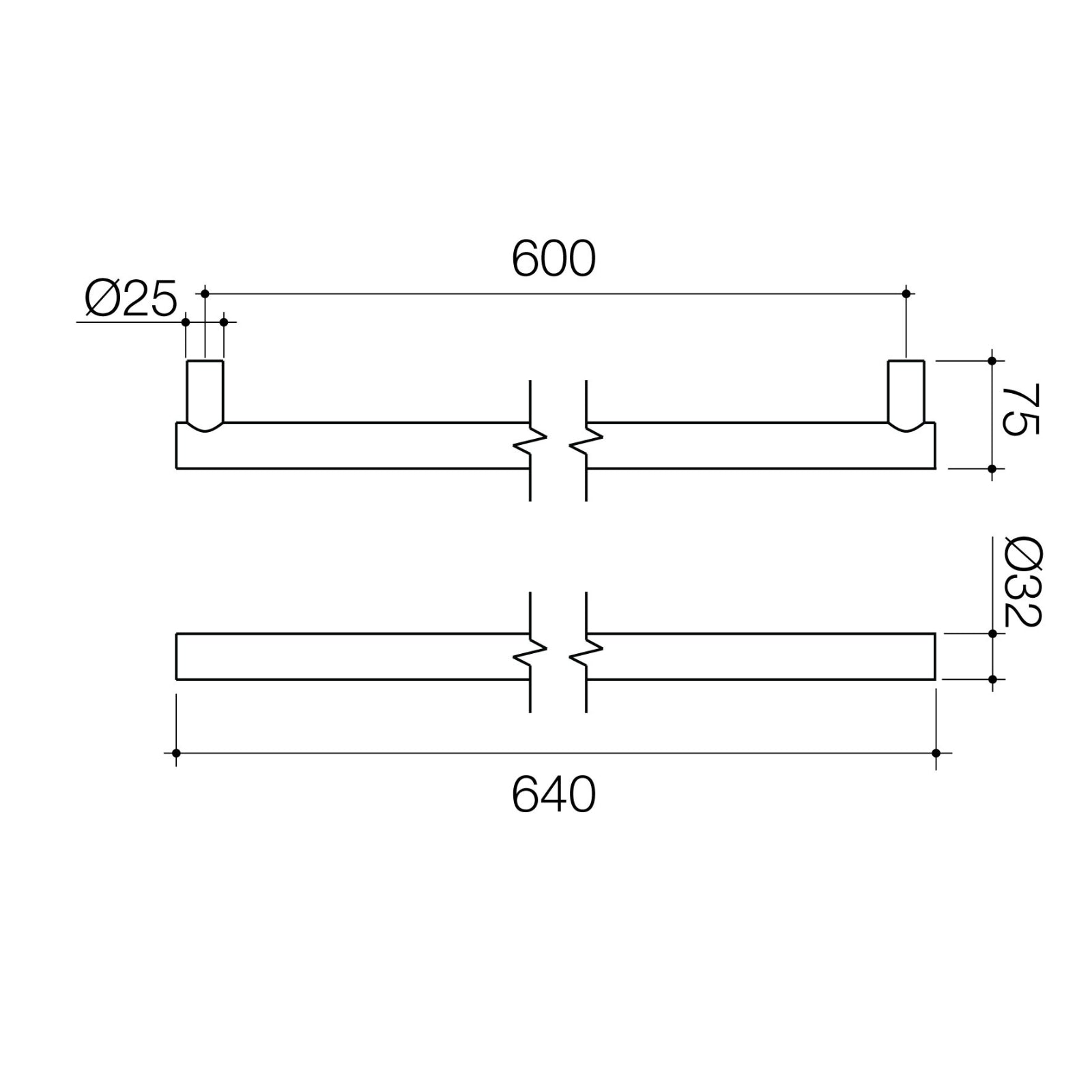 Technical Drawing Caroma Liano II Heated Towel Rail - Horizontal - Gunmetal 11225049GM - The Blue Space