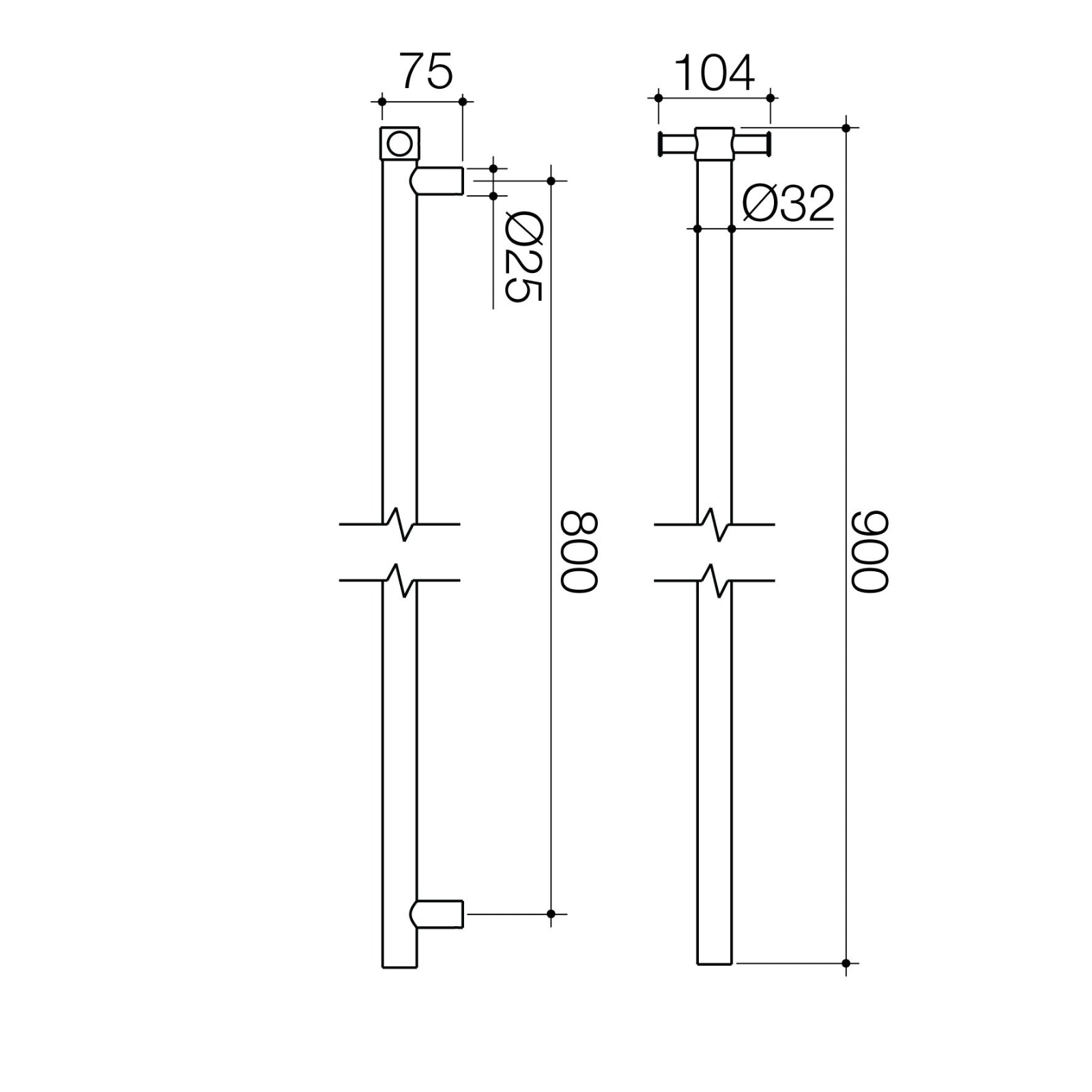 Technical Drawing Caroma Liano II Heated Towel Rail - Vertical - Brushed Brass 11225050BB - The Blue Space