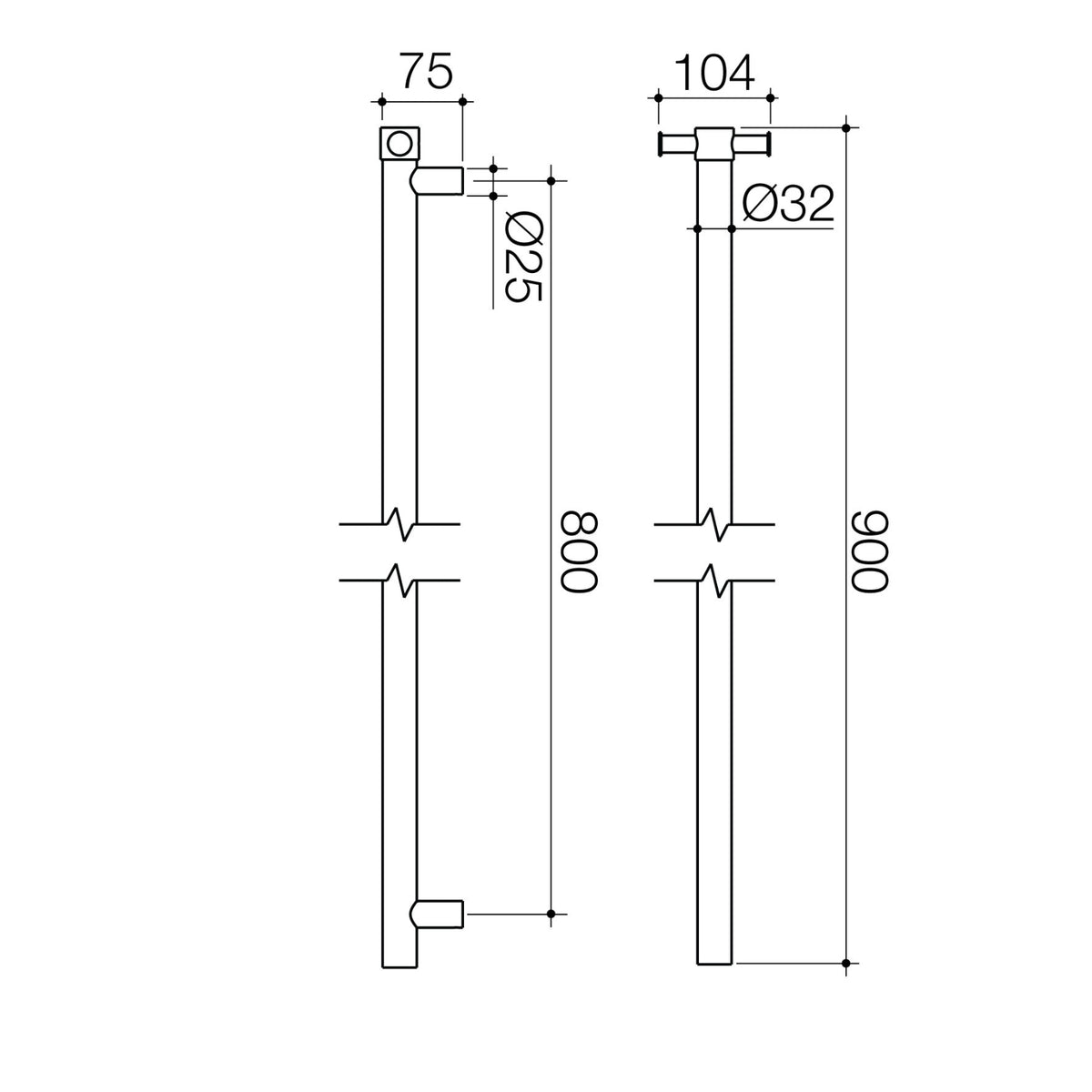 Technical Drawing Caroma Liano II Heated Towel Rail - Vertical - Brushed Brass 11225050BB - The Blue Space