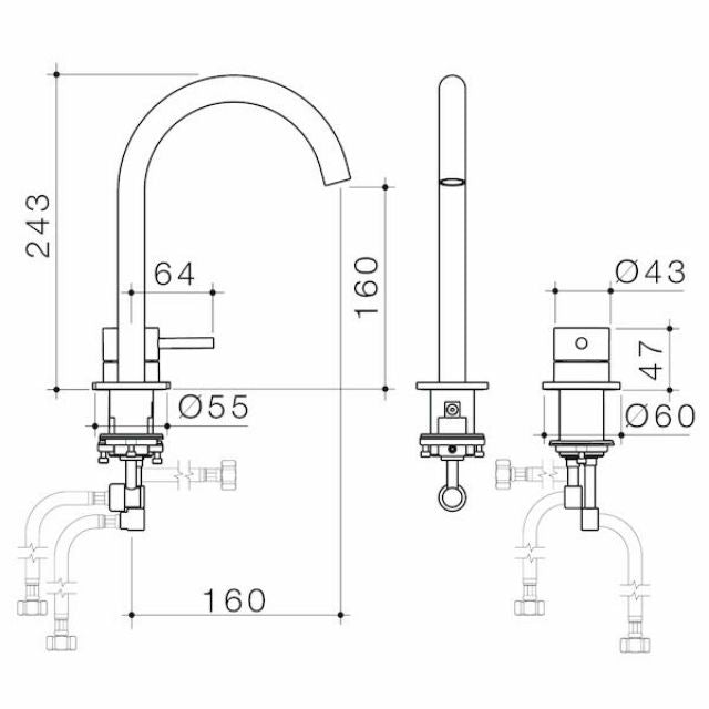 Technical Drawing Caroma Liano II Hob Basin Mixer Set 160mm - Brushed Bronze 96404BBZ65AF - The Blue Space