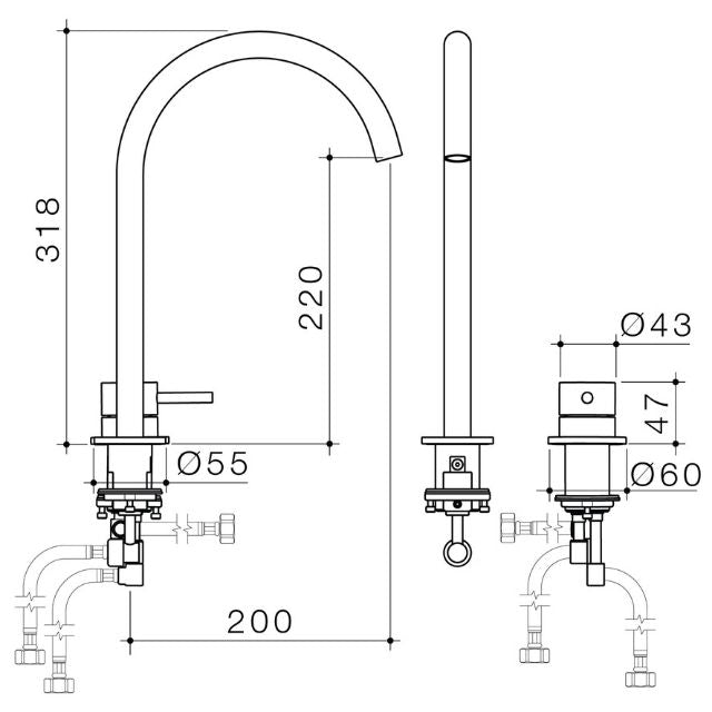Technical Drawing Caroma Liano II Hob Basin/Sink Mixer Set 200mm - Brushed Bronze 96405BBZ65AF - The Blue Space