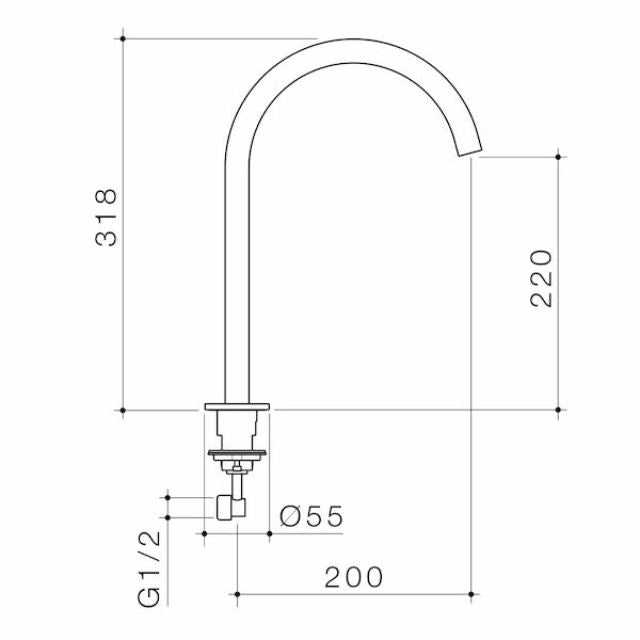 Technical Drawing Caroma Liano II Hob Swivel Outlet 200mm - Matte Black 96401B65A - The Blue Space