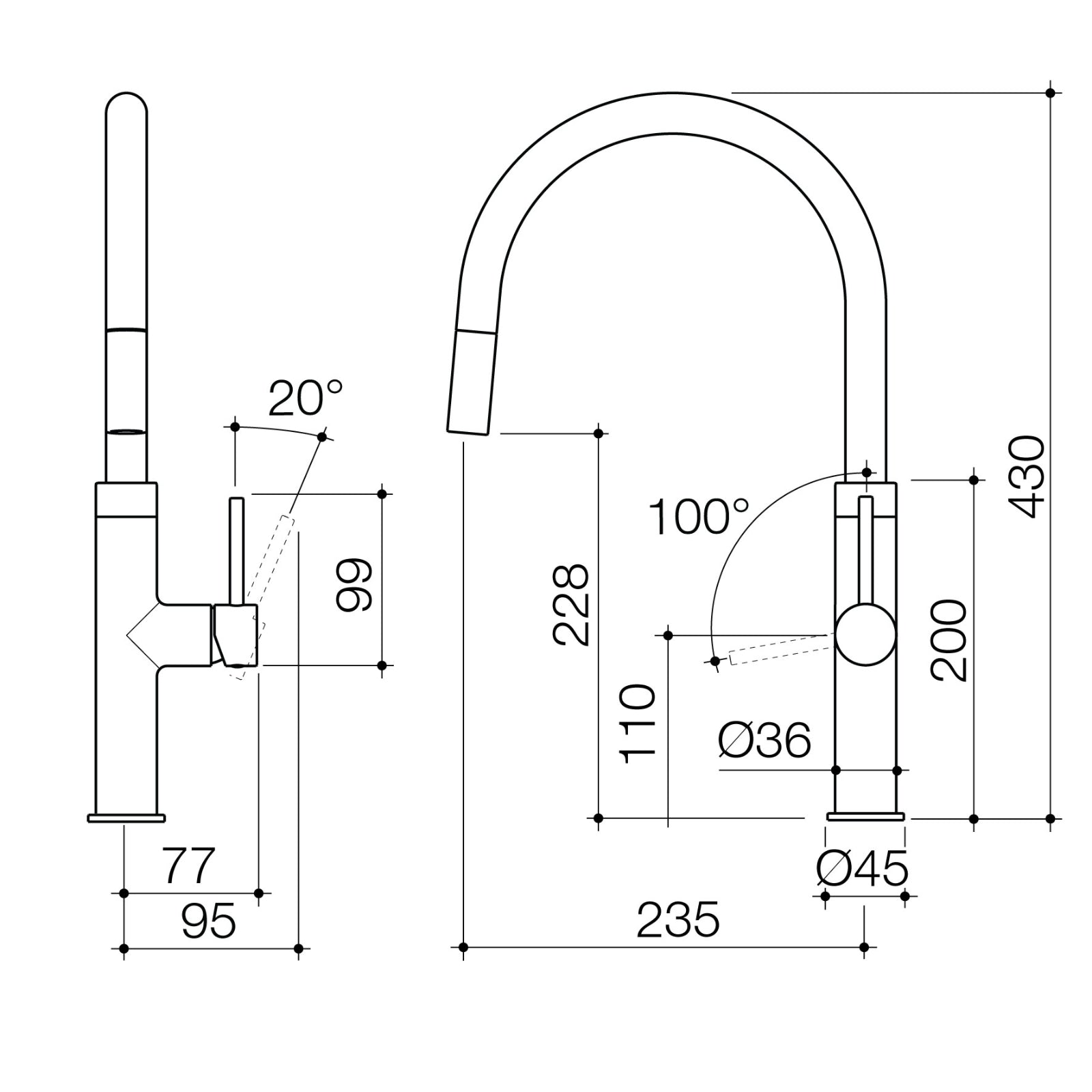 Technical Drawing Caroma Liano II Lead Free Pull Out Sink Mixer - Brushed Brass 96380BB56AF - The Blue Space
