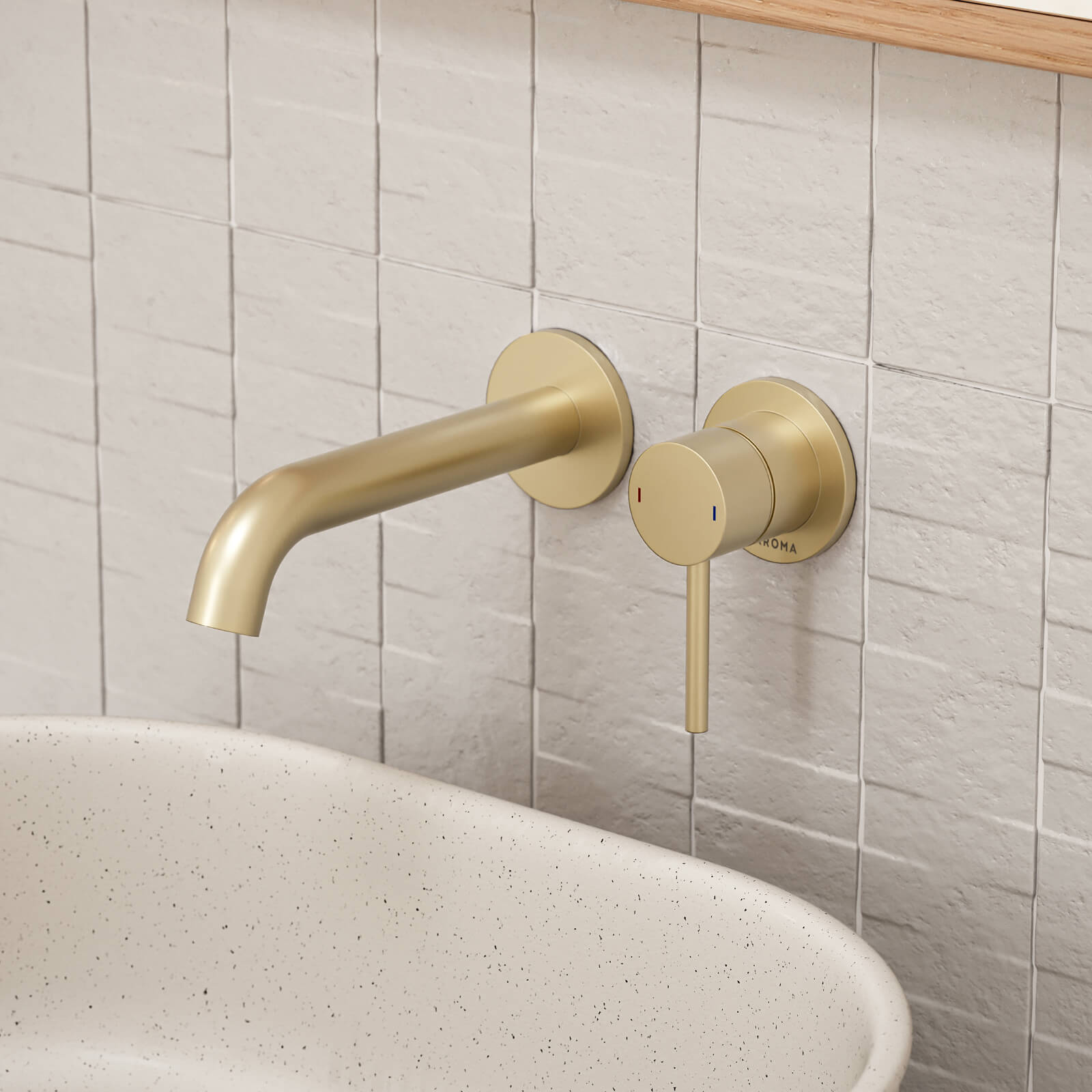 caroma-liano-ii-lead-free-wall-basin-bath-mixer-set-brushed-brass | The Blue Space