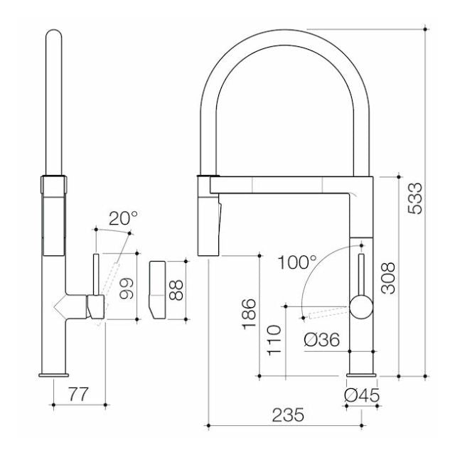Technical Drawing Caroma Liano II Pull Down Sink Mixer - Matte Black 96381B56AF - The Blue Space