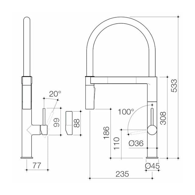 Technical Drawing Caroma Liano II Pull Down Sink Mixer with Dual Spray - Gunmetal 96381GM56AF - The Blue Space