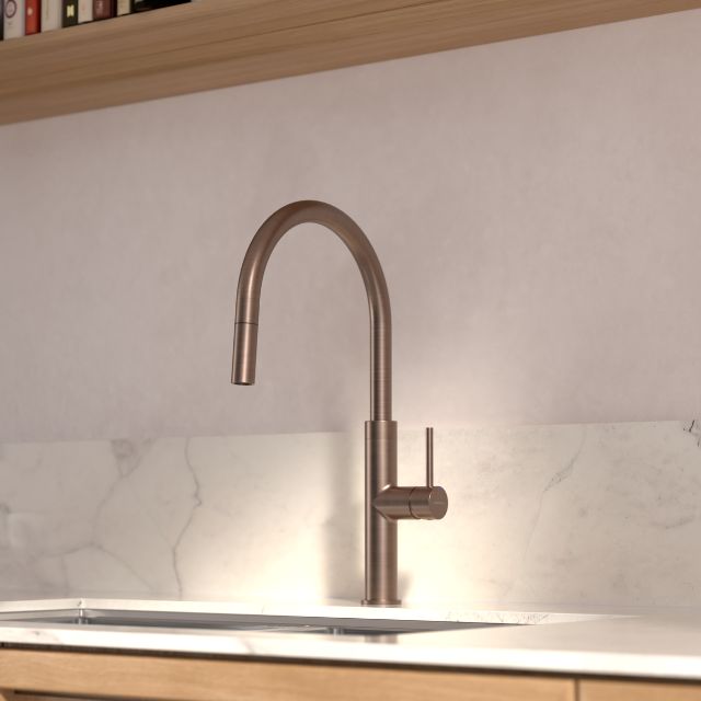 Lifestyle 2 Caroma Liano II Pull Out Sink Mixer - Brushed Bronze 96380BBZ56AF - The Blue Space