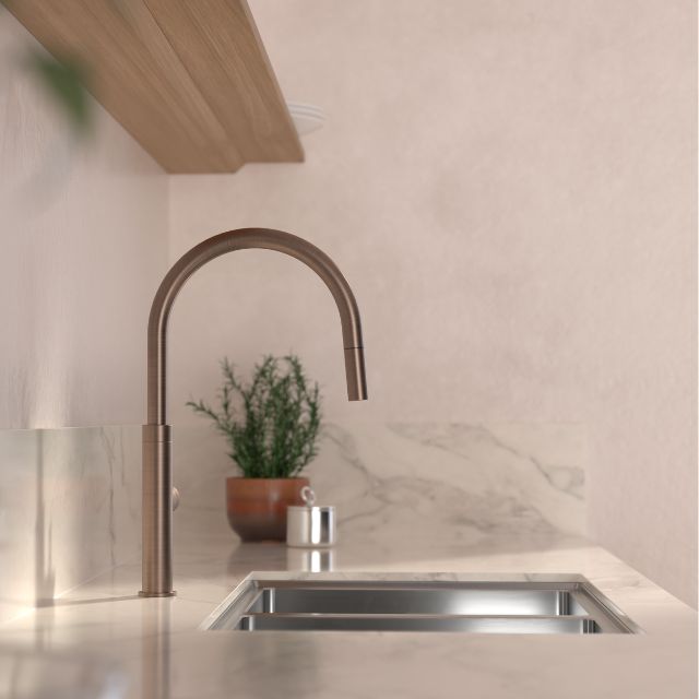 Lifestyle 3 Caroma Liano II Pull Out Sink Mixer - Brushed Bronze 96380BBZ56AF - The Blue Space