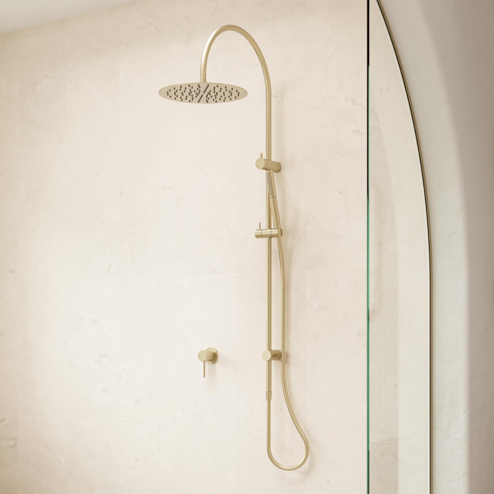 Caroma Liano II Rail Shower with Overhead Brushed Brass | The Blue Space