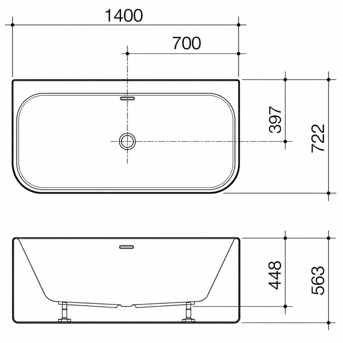 Line Drawing Caroma Luna Back To Wall Bath 1400mm LU4WFW - The Blue Space